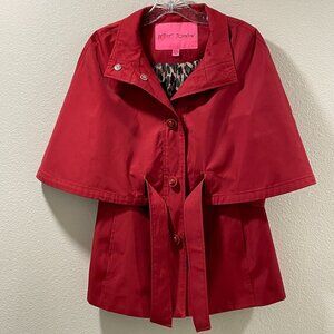 (NEW) BETSEY JOHNSON Cape Shoulder Belted Coat, Deep Red - XS
